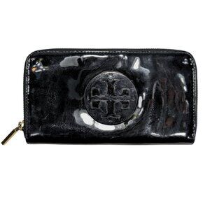 Tory Burch Black Patent Leather Large Zippy Continental Wallet w/Logo